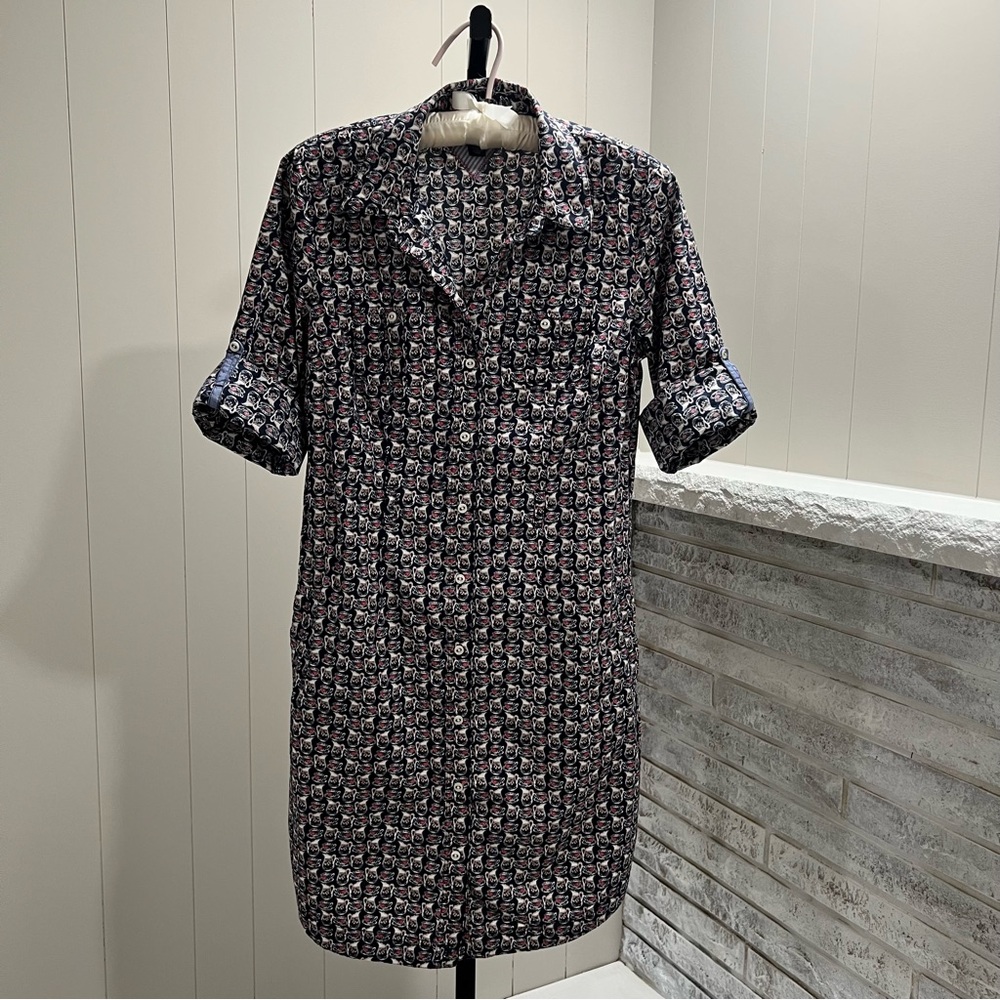 Vintage Tommy Bahama Navy Blue Teapot Saucer Print Button Up Shirt Mini Dress S